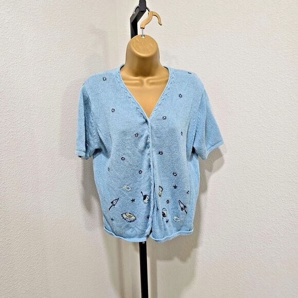 Vtg Blue Embroidered Cardigan Sweater Womens Lg Cottage Linen Blend Short Sleeve - Picture 1 of 8